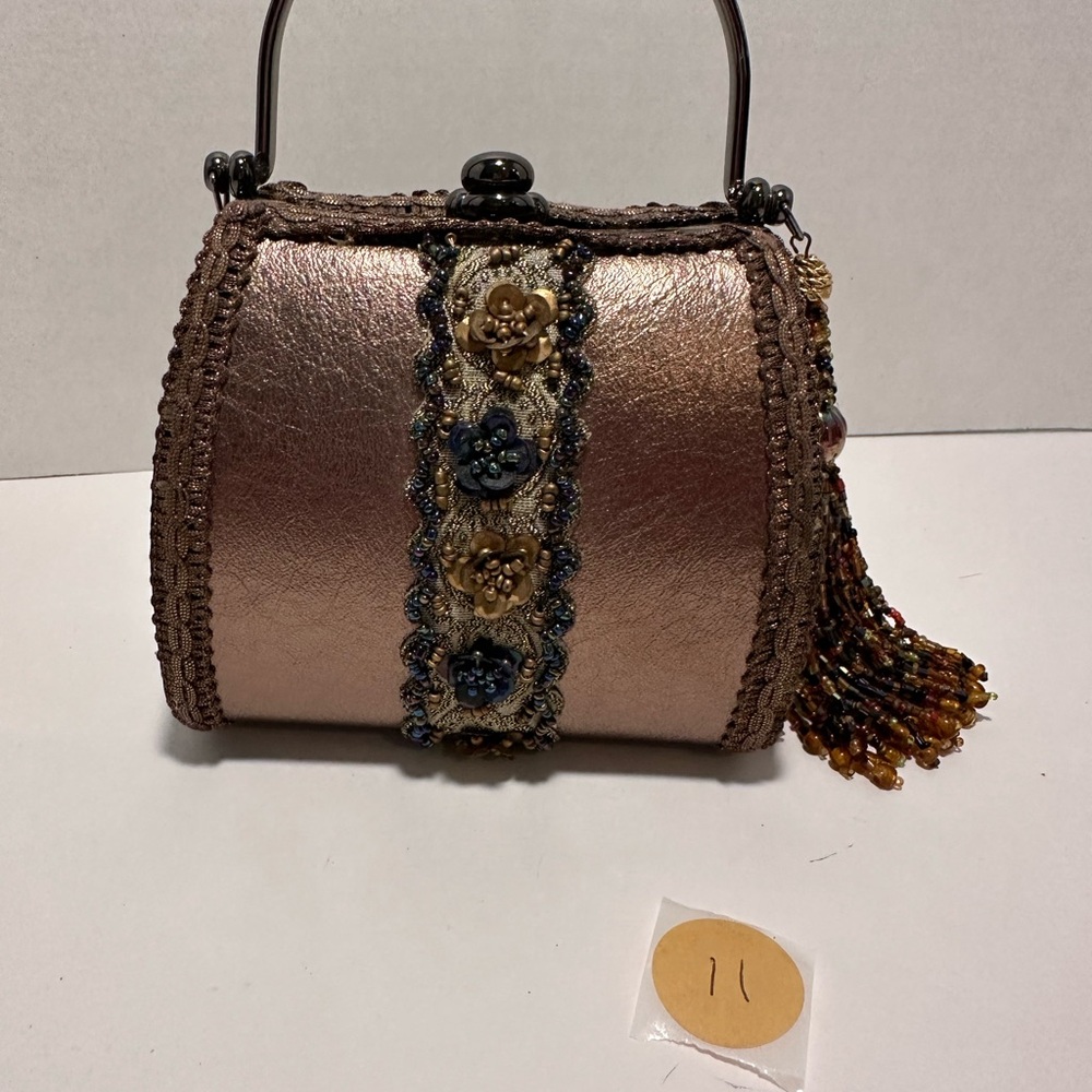 Vintage Lorren Bell Elegant Metallic Brown Handbag with Floral Accents